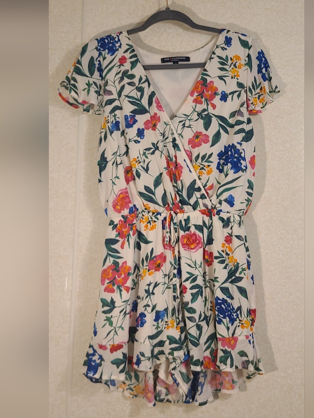 ONE CLOTHING_White Floral Wrap Dress with Pink, Blue & Yellow Blooms